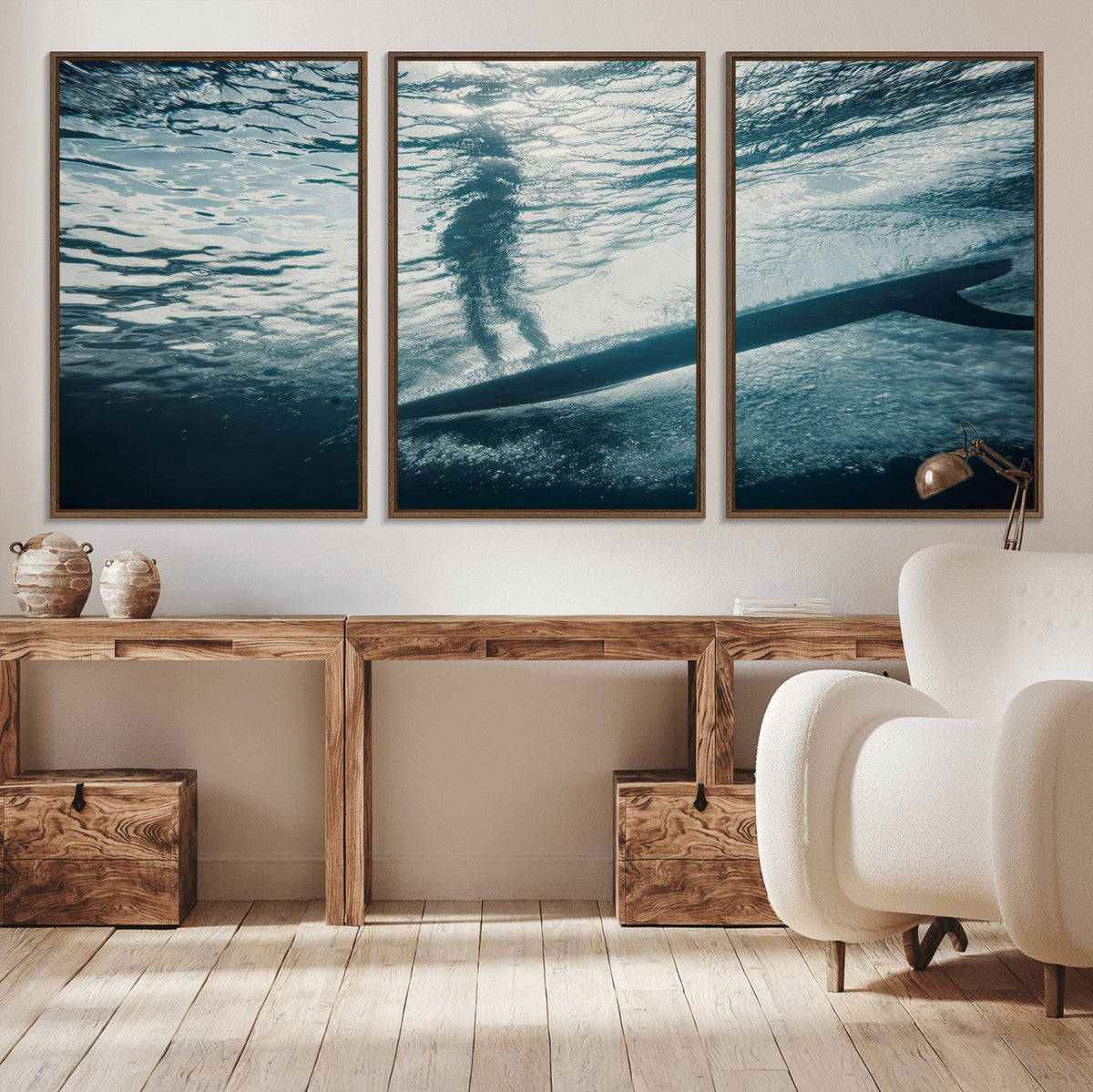 Underwater Surf Wall Art – Framed Ocean Wave Canvas Artwork,