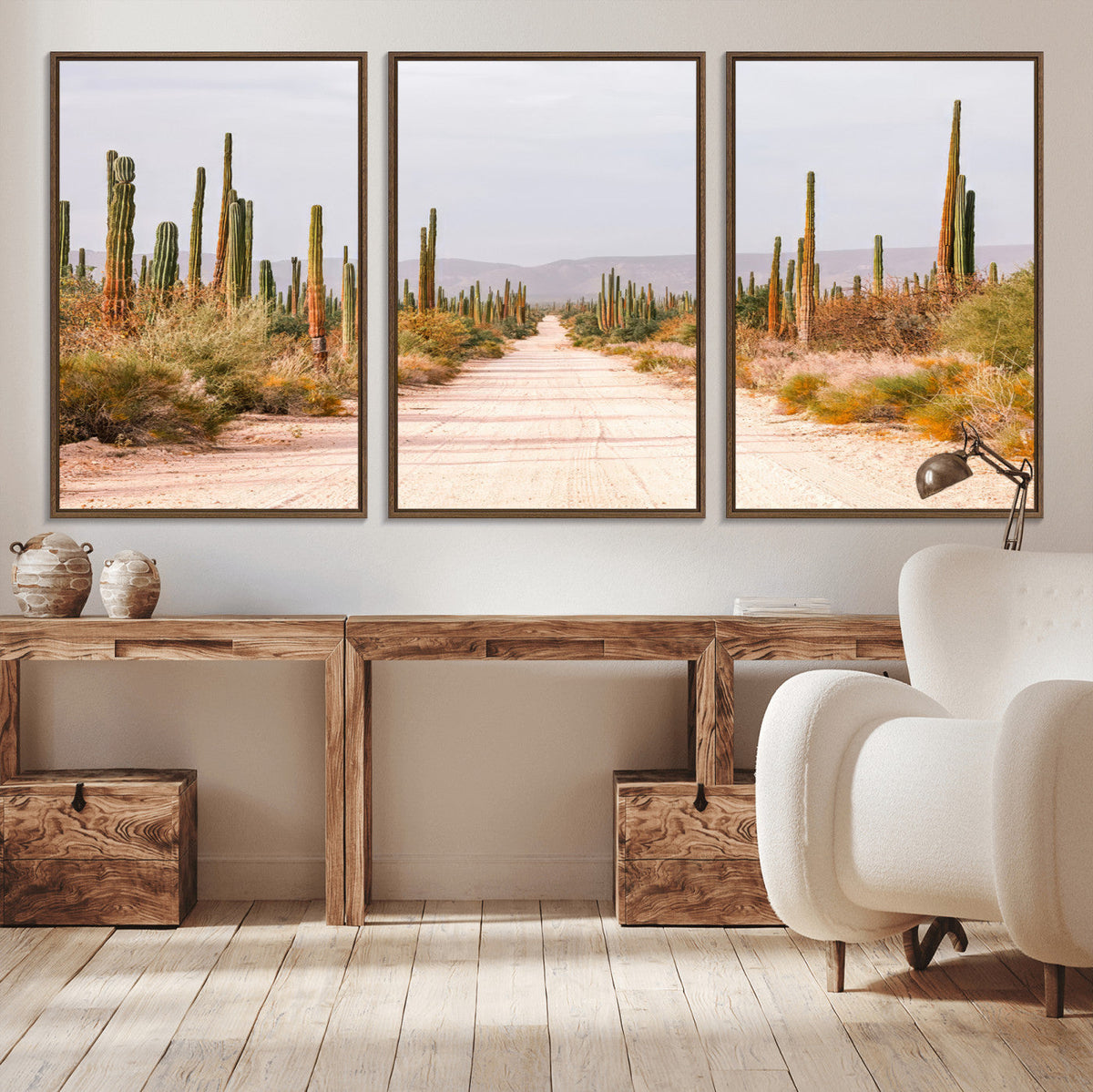 Desert Cactus Lined Road Wall Art Canvas Print – Framed