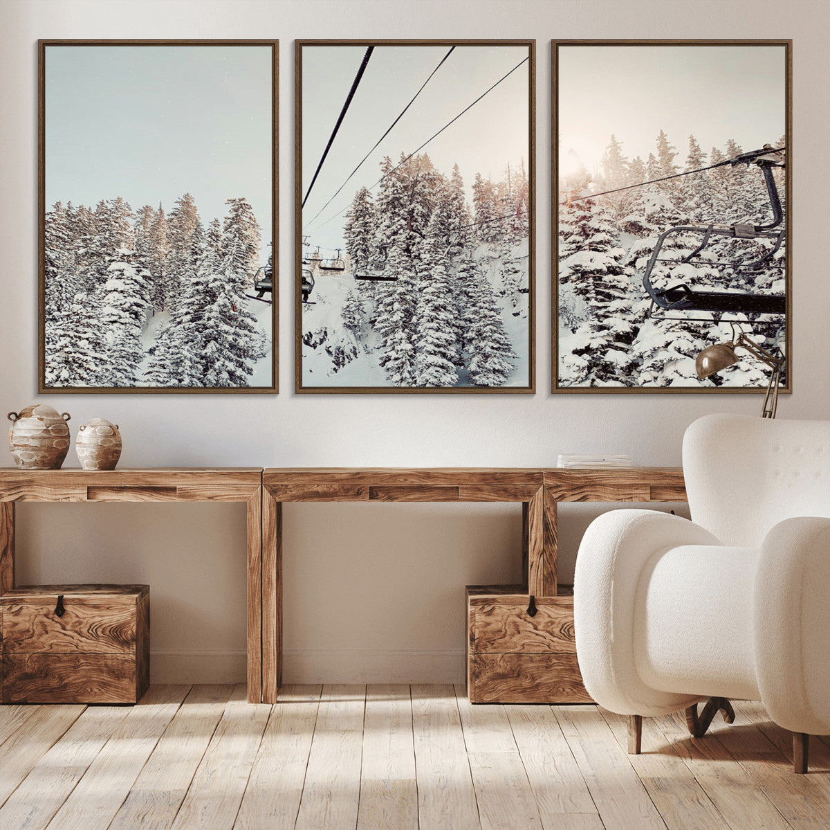 Frosty Pines Wall Art Canvas Print – Framed Cozy Cabin Ski