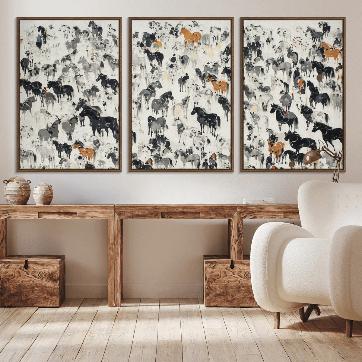 Wild Horse Stampede Wall Art Canvas Print – Monochrome