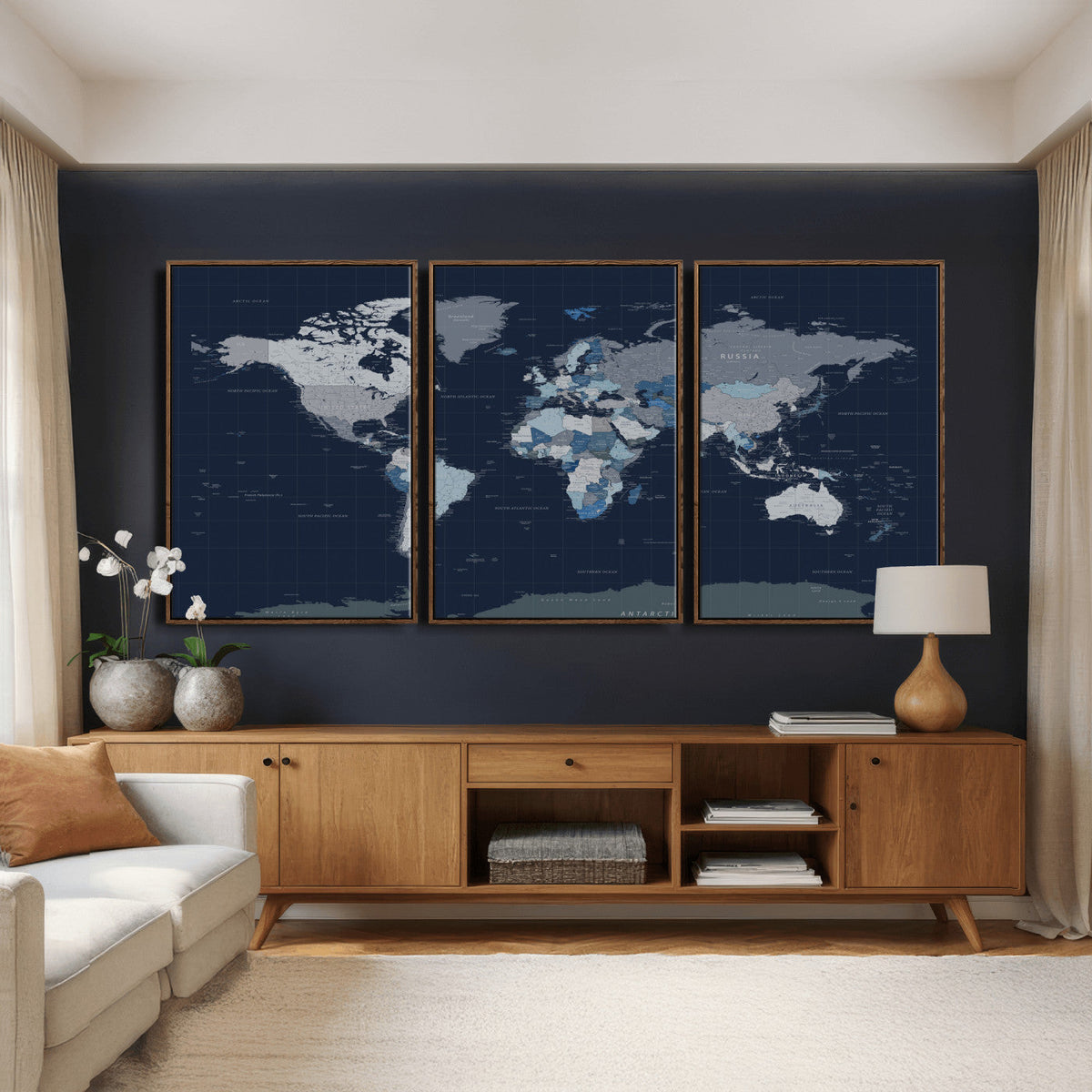 Blue Detailed World Map Wall Art Canvas Print, Modern Framed