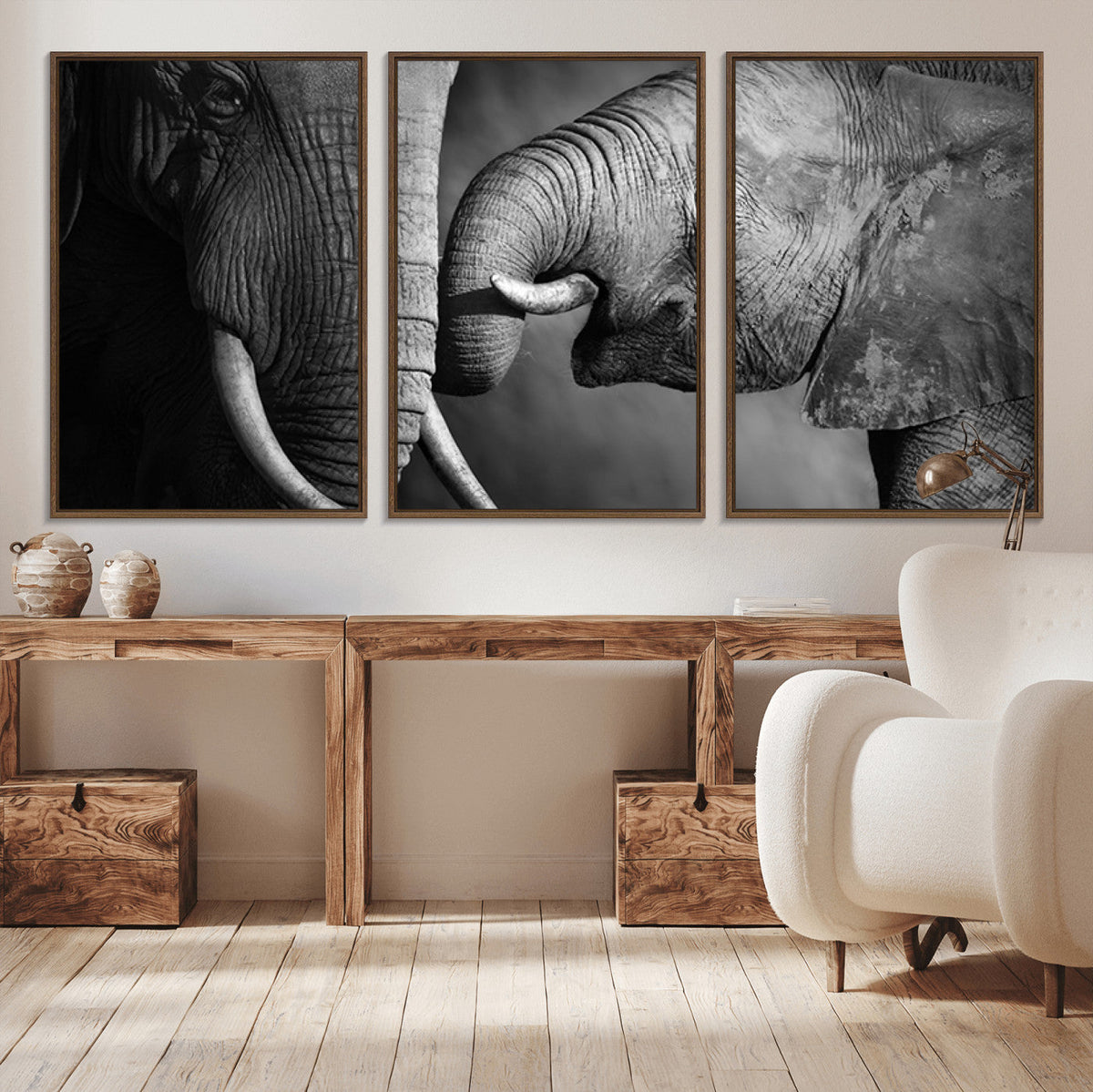 Elephant Family Wall Art Canvas, Framed Elephant Family