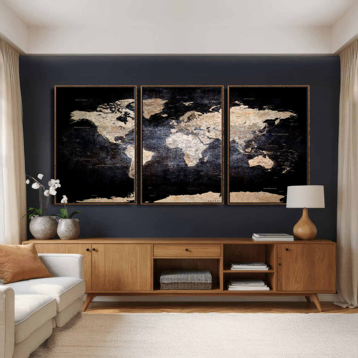 Grunge World Map Wall Art | 3-Panel Large Beige and Brown