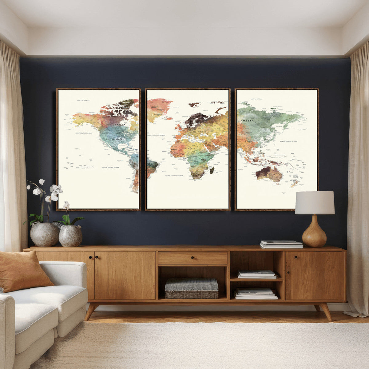 Framed World Map Wall Art Canvas Print for Living Room and