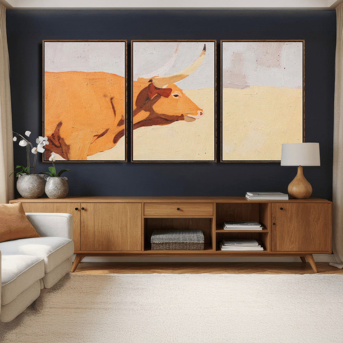Minimal Longhorn Bull Wall Art Canvas Print, Neutral Western