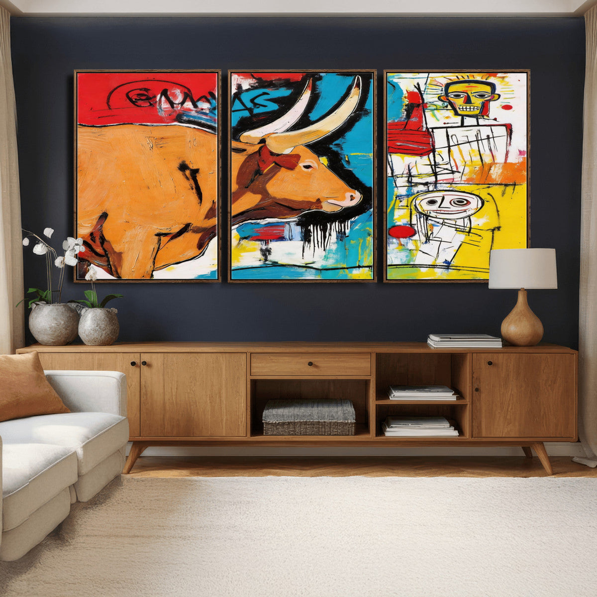 Basquiat Style Bull Graffiti Wall Art Canvas Print, Street