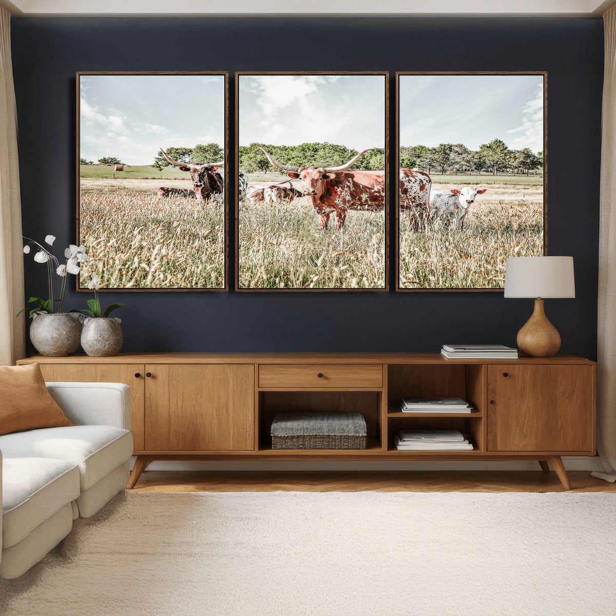 Texas Longhorn Cattle Wall Art Canvas Print, Rustic Ranch