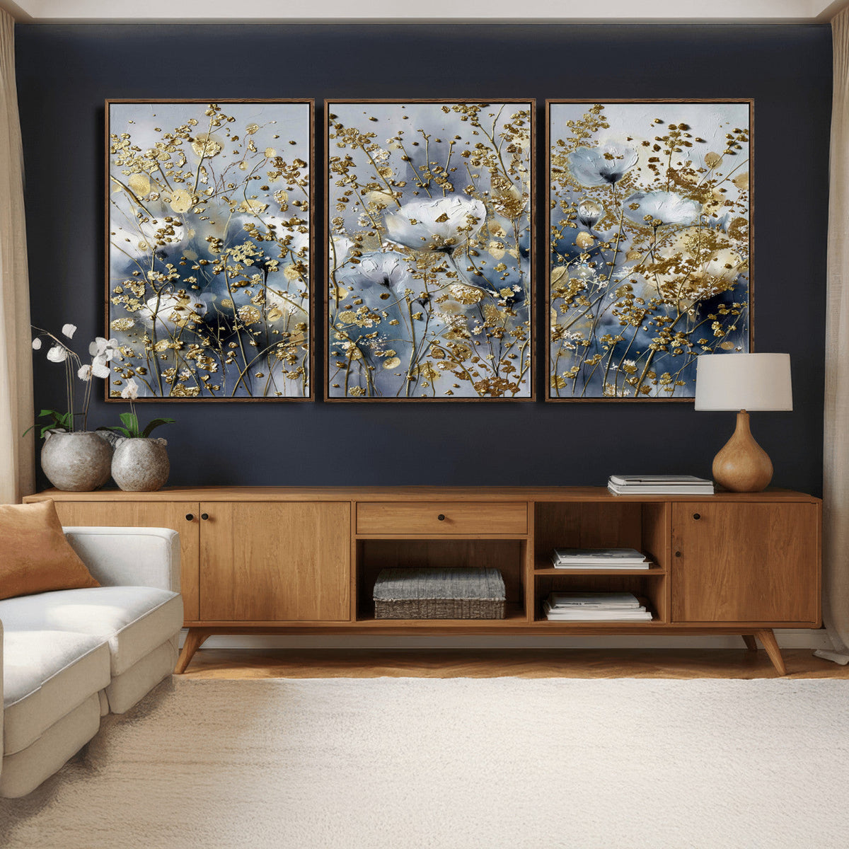 Abstract Floral Wall Art Canvas Print – Gold and Blue