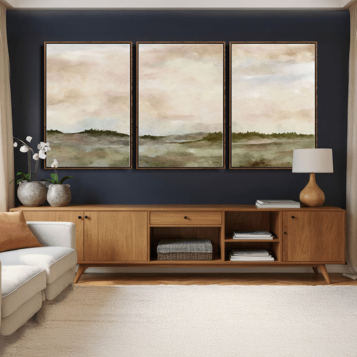 Muted Watercolor Hill Landscape Print — Beige Taupe Cloudy