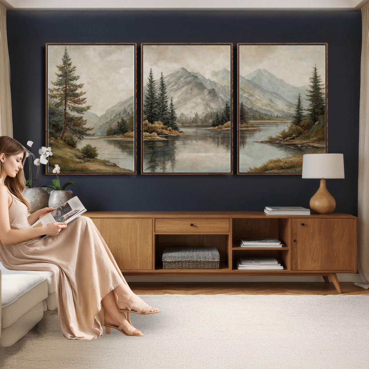 Vintage Mountain Landscape Wall Art Canvas Print Set, Rustic