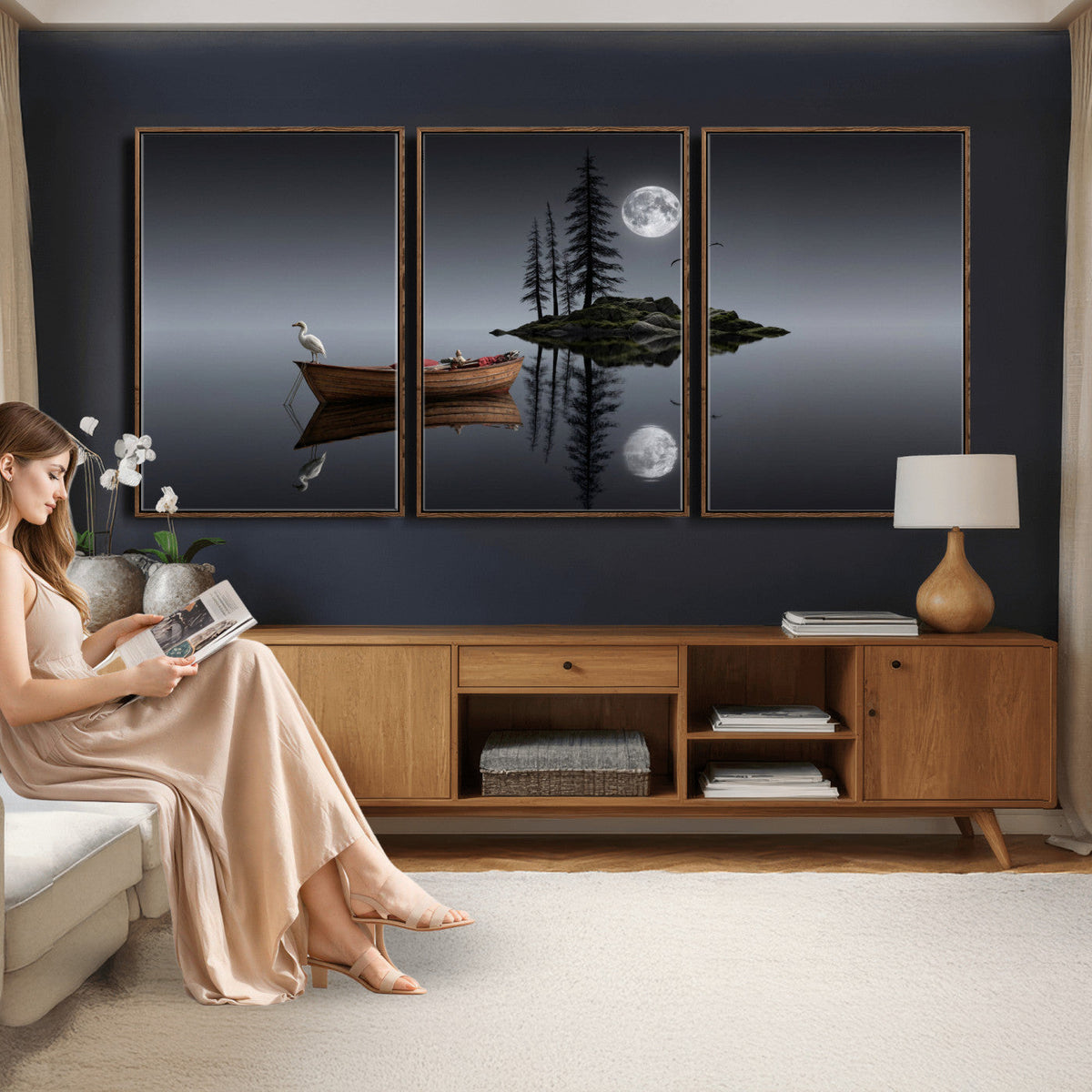 Moonlit Lake Canvas Wall Art, Dreamy Boat Heron Full Moon