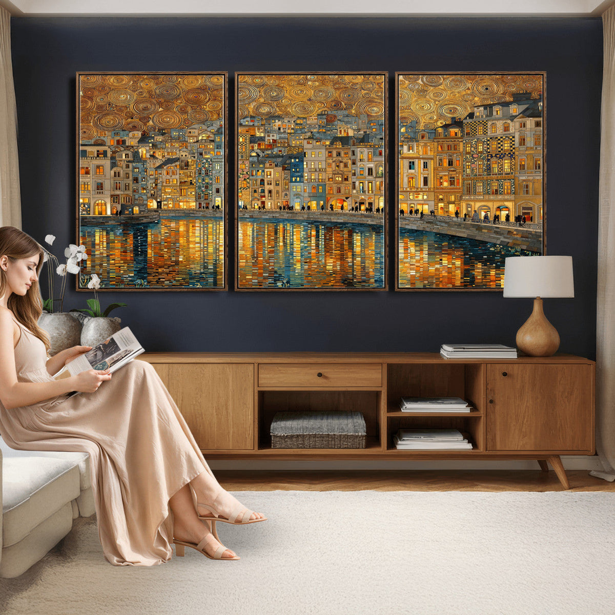 Gustav Klimt Golden Cityscape Wall Art Canvas Print, Framed