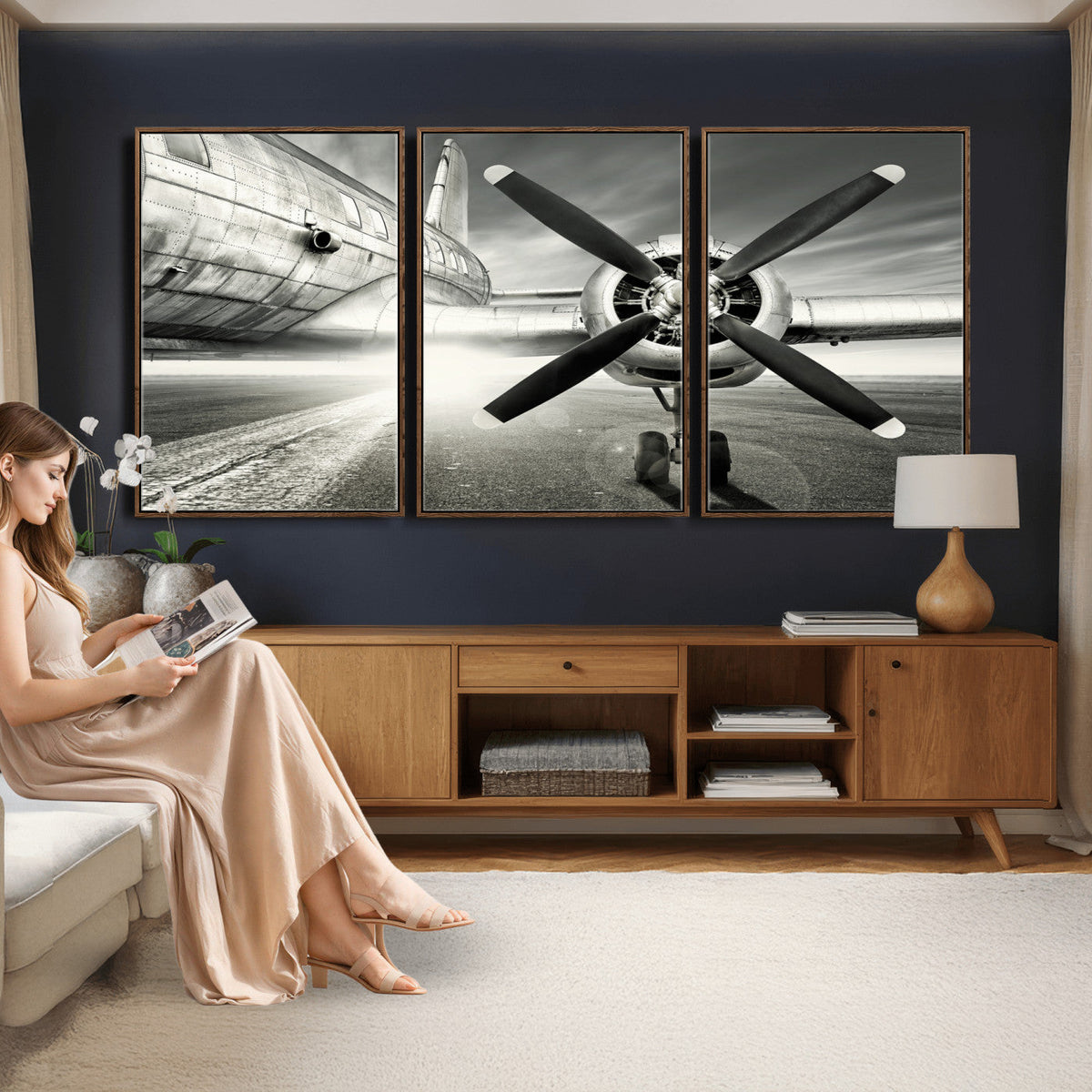 Vintage Airplane Wall Art Canvas Print, Black and White