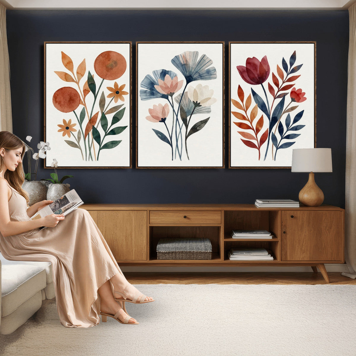Watercolor Botanical Canvas Wall Art Set, Navy Terracotta