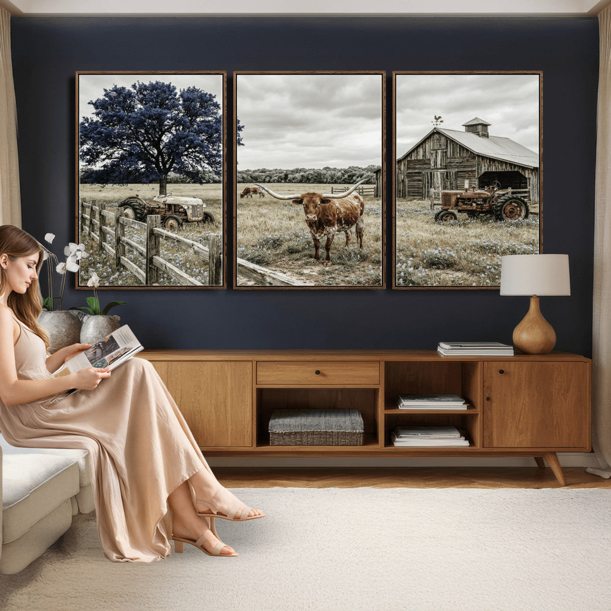 Texas Longhorn Canvas Wall Art, Rustic Farm Barn Bluebonnet