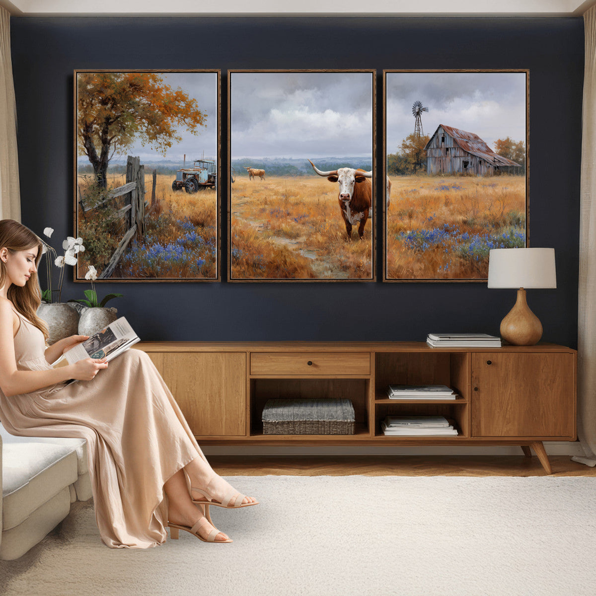 Texas Longhorn Canvas Wall Art, Rustic Farm Barn Bluebonnet