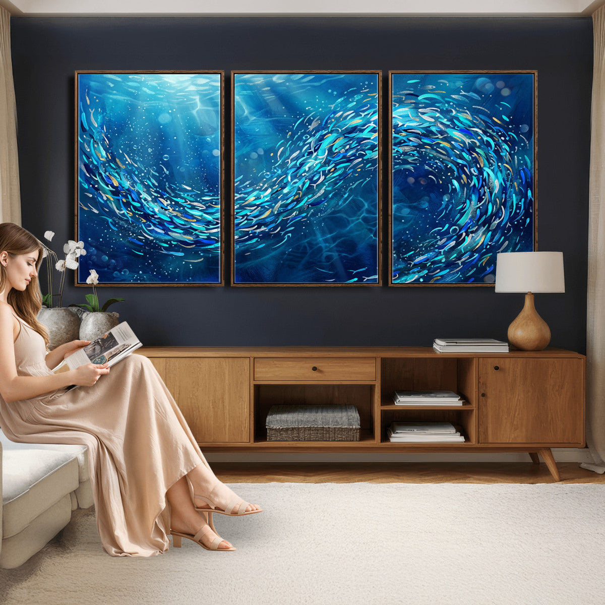 School of Fish Canvas Print | Blue Ocean Underwater Wall Art