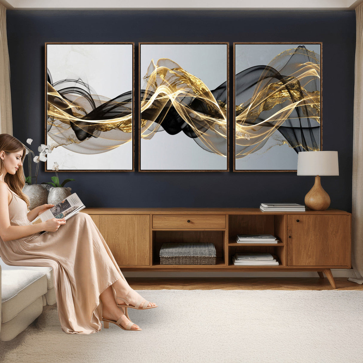 Black and Gold Abstract Wall Art, Modern Wave Canvas Print, Elegant Flowing Smoke Art, Luxury Living Room Decor