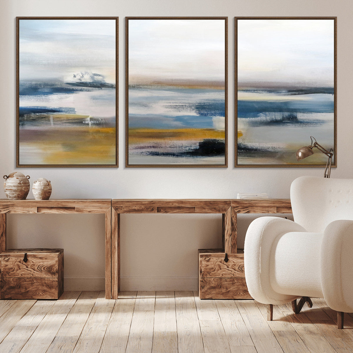 Abstract Landscape Wall Art Canvas | 3 Panel Modern Blue,