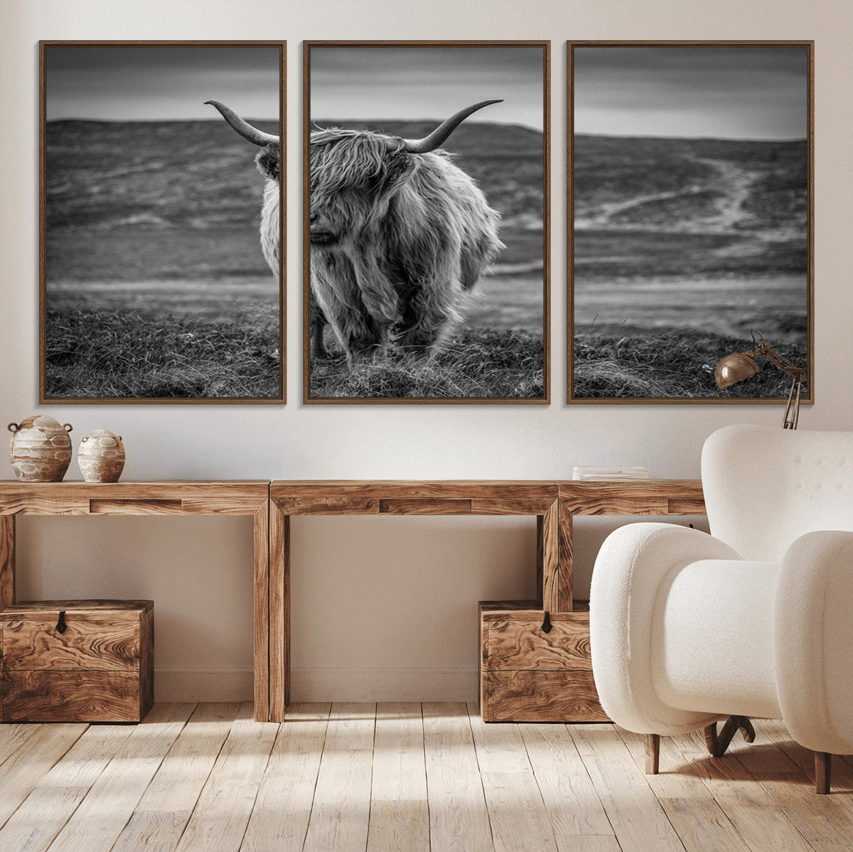 Fluffy Cattle Wall Art Print, Highland Cow Canvas, Framed