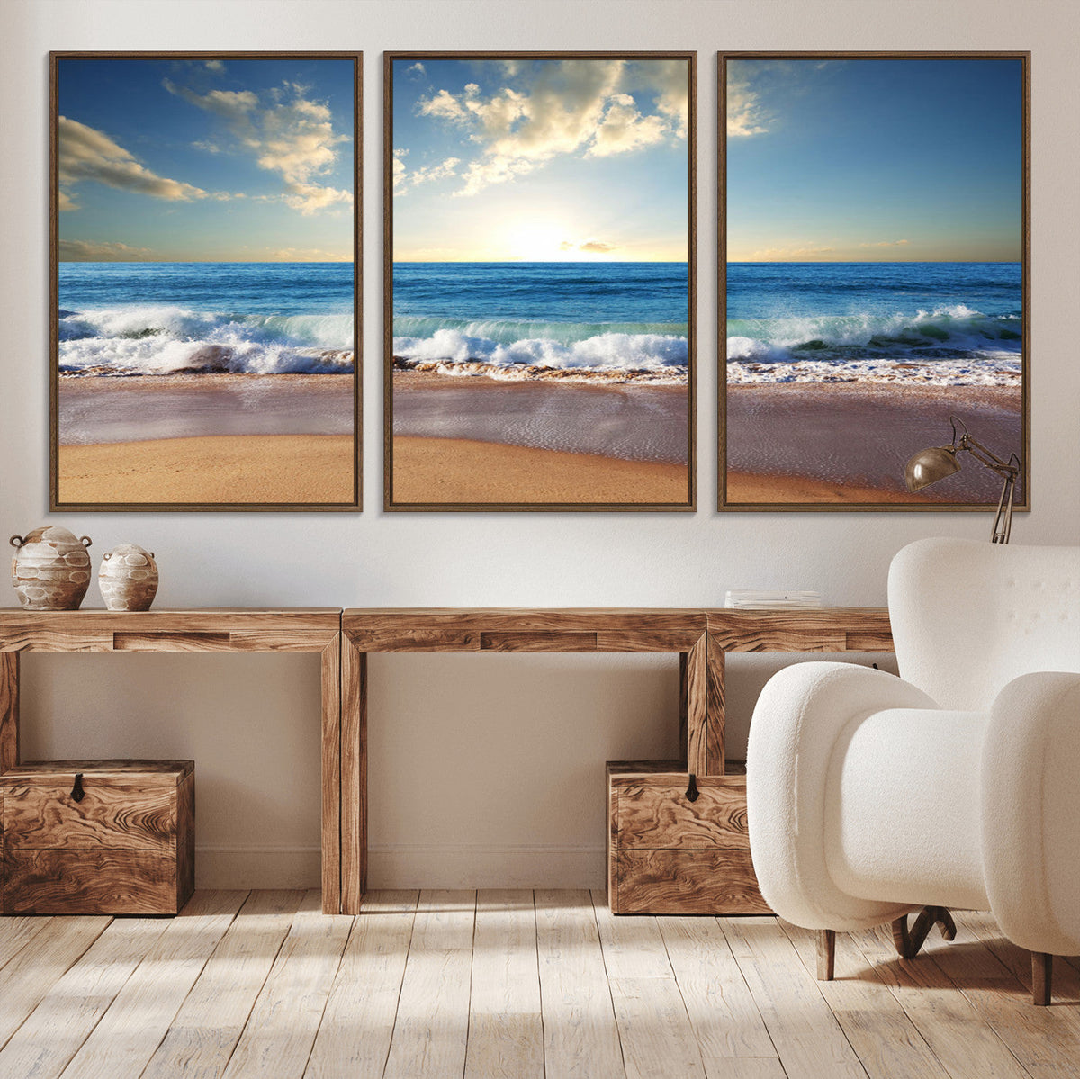 Serene Ocean Sunset Canvas Wall Art - Beach Waves at Sunset,