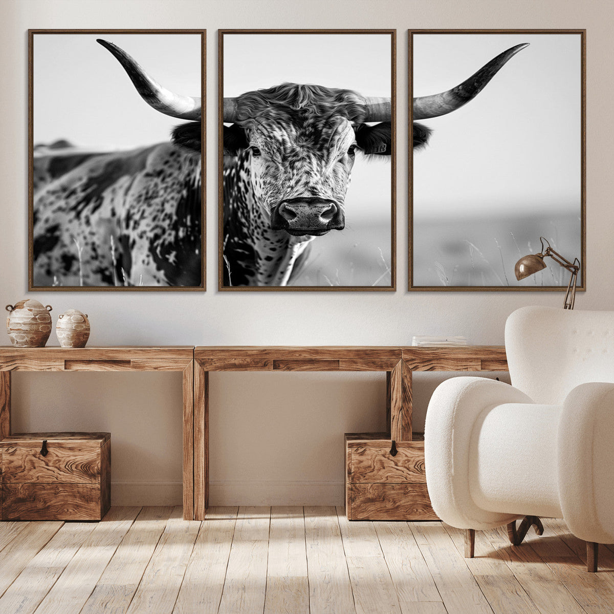 Texas Highland Cow Longhorn Canvas Print - Rustic Farmhouse