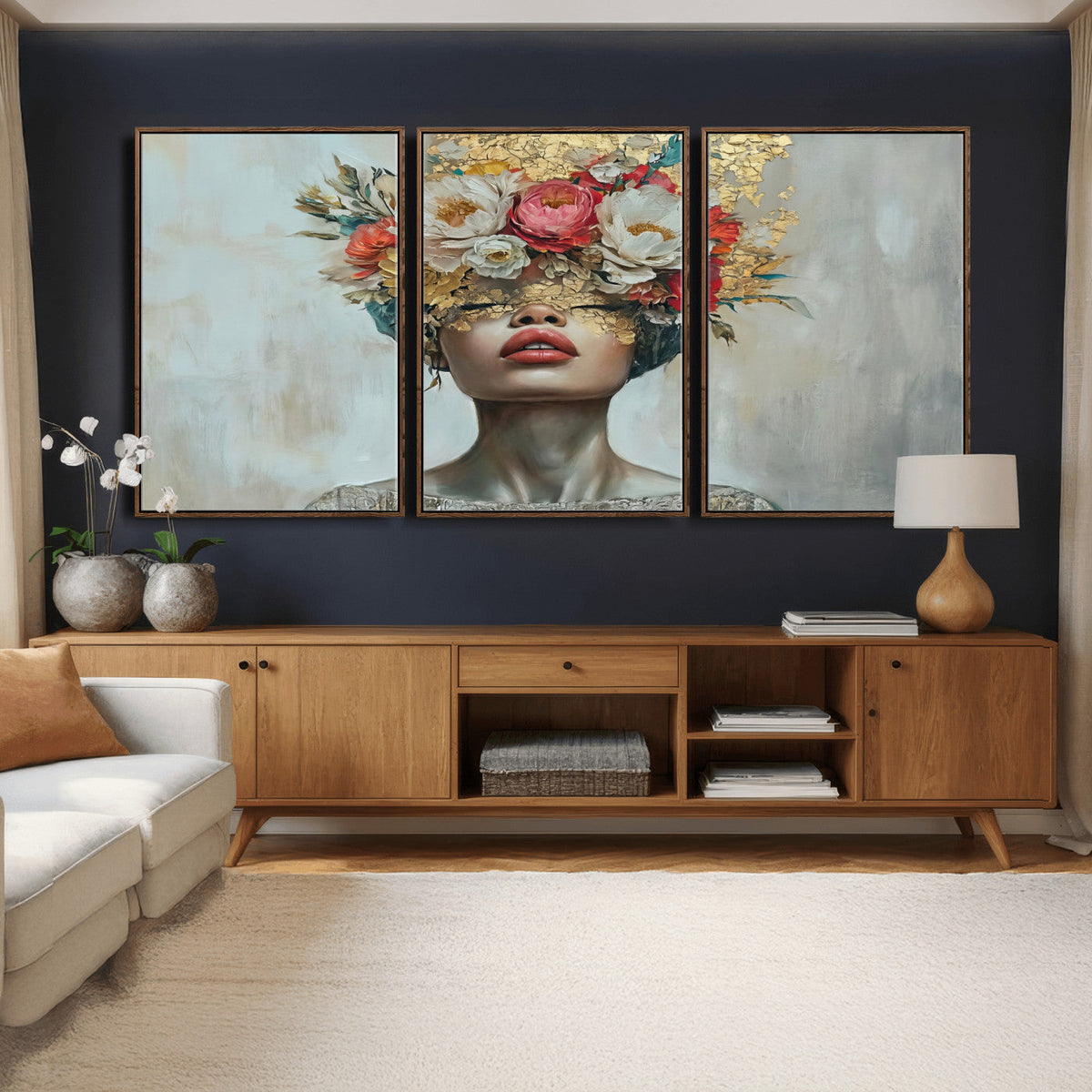 Golden Petal Wall Art Canvas Print - Silhouette Woman Wall