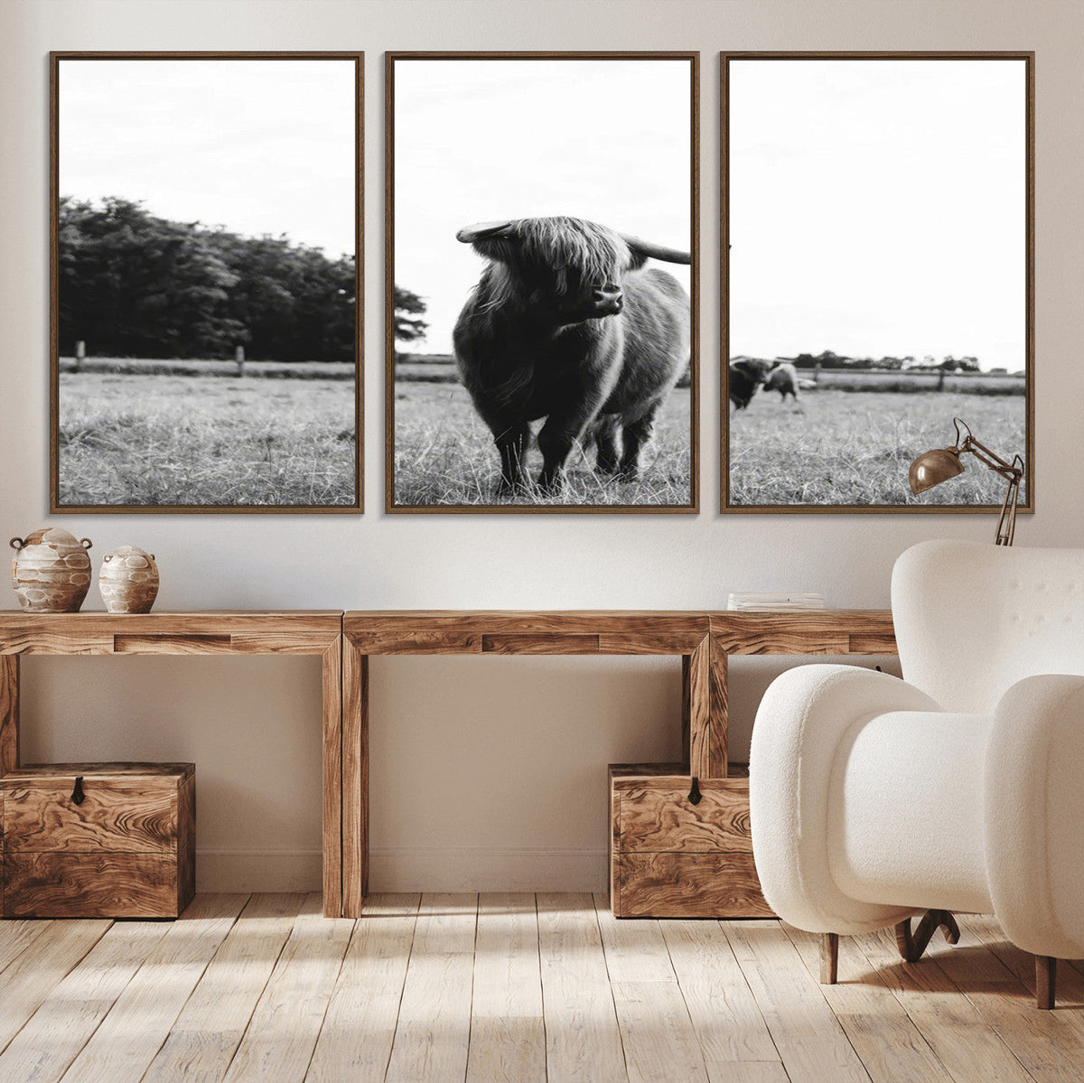 Black and White Highland Cow Wall Art Canvas Print | Rustic