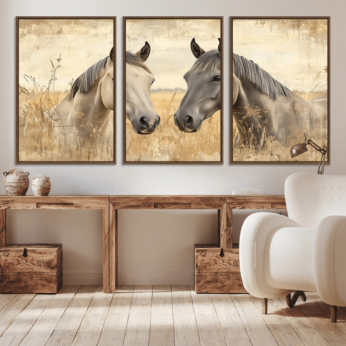 Chines Ink Style Grunge Horses Wall Art Canvas Print