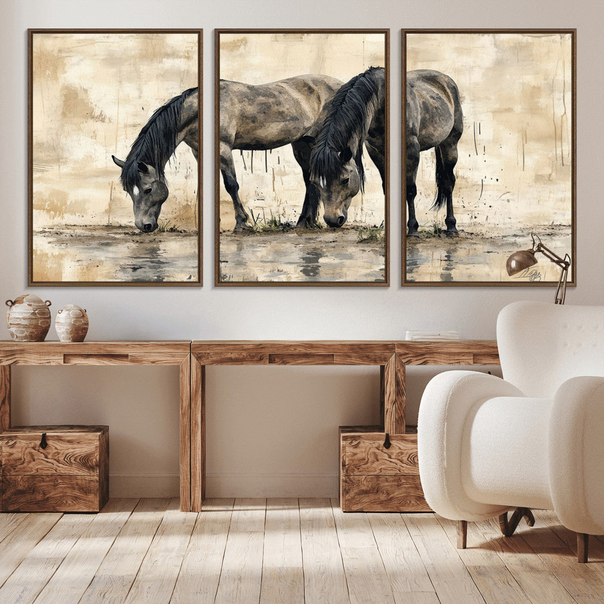 Chinese Style Abstract Black Horses Wall Art Canvas Print -