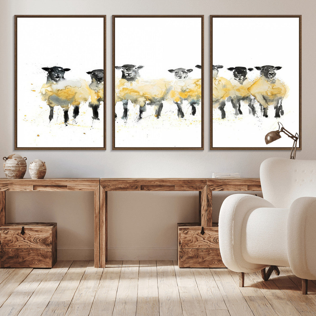 Farmhouse Wall Art Sheep Print | Ready to Hang Framed Canvas