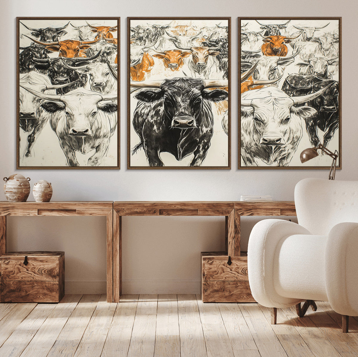 Farmhouse Wall Art | Western Longhorn Cattle Canvas Print |