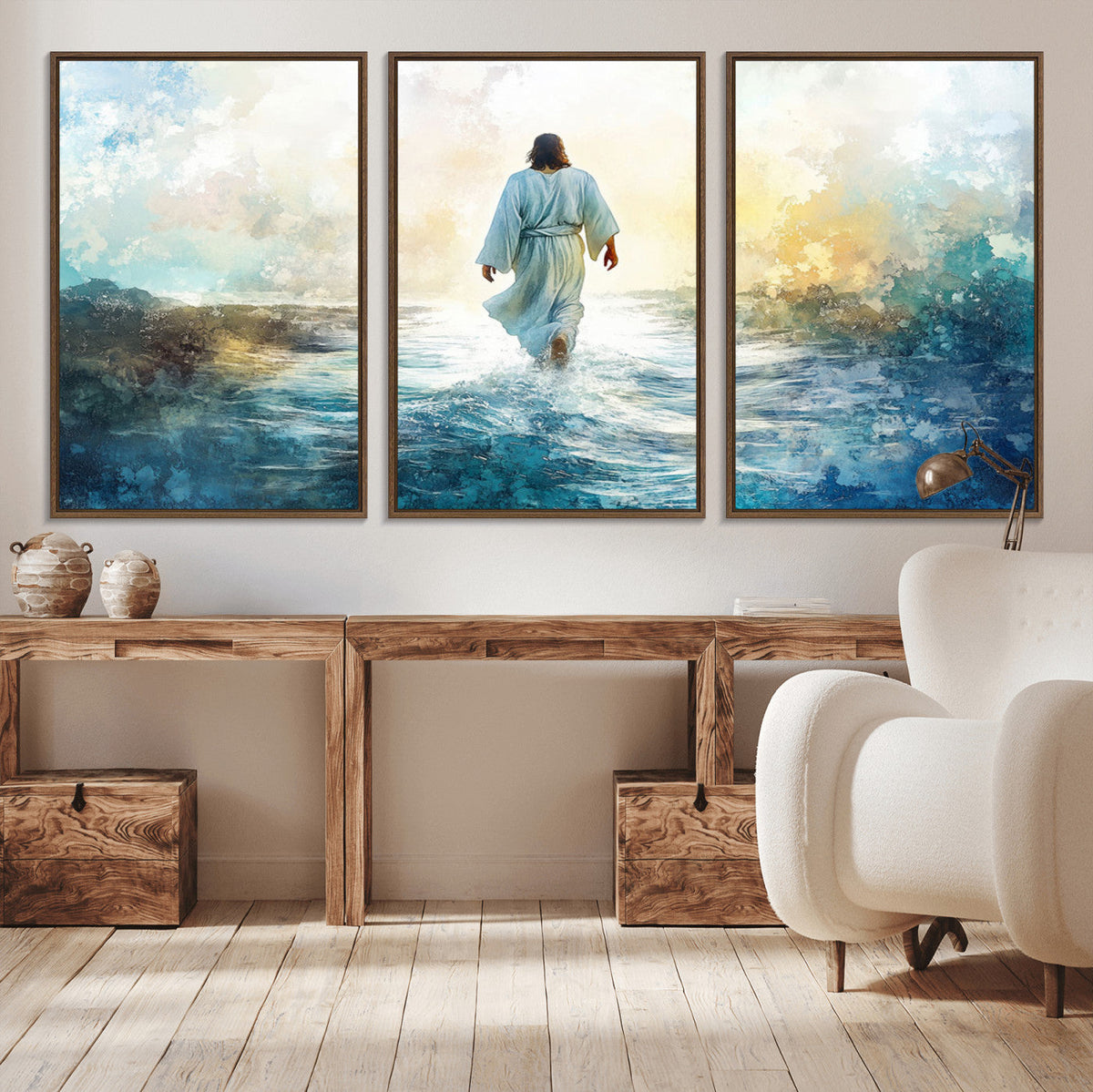 Watercolor Jesus Walking on Water Canvas Print, Christian
