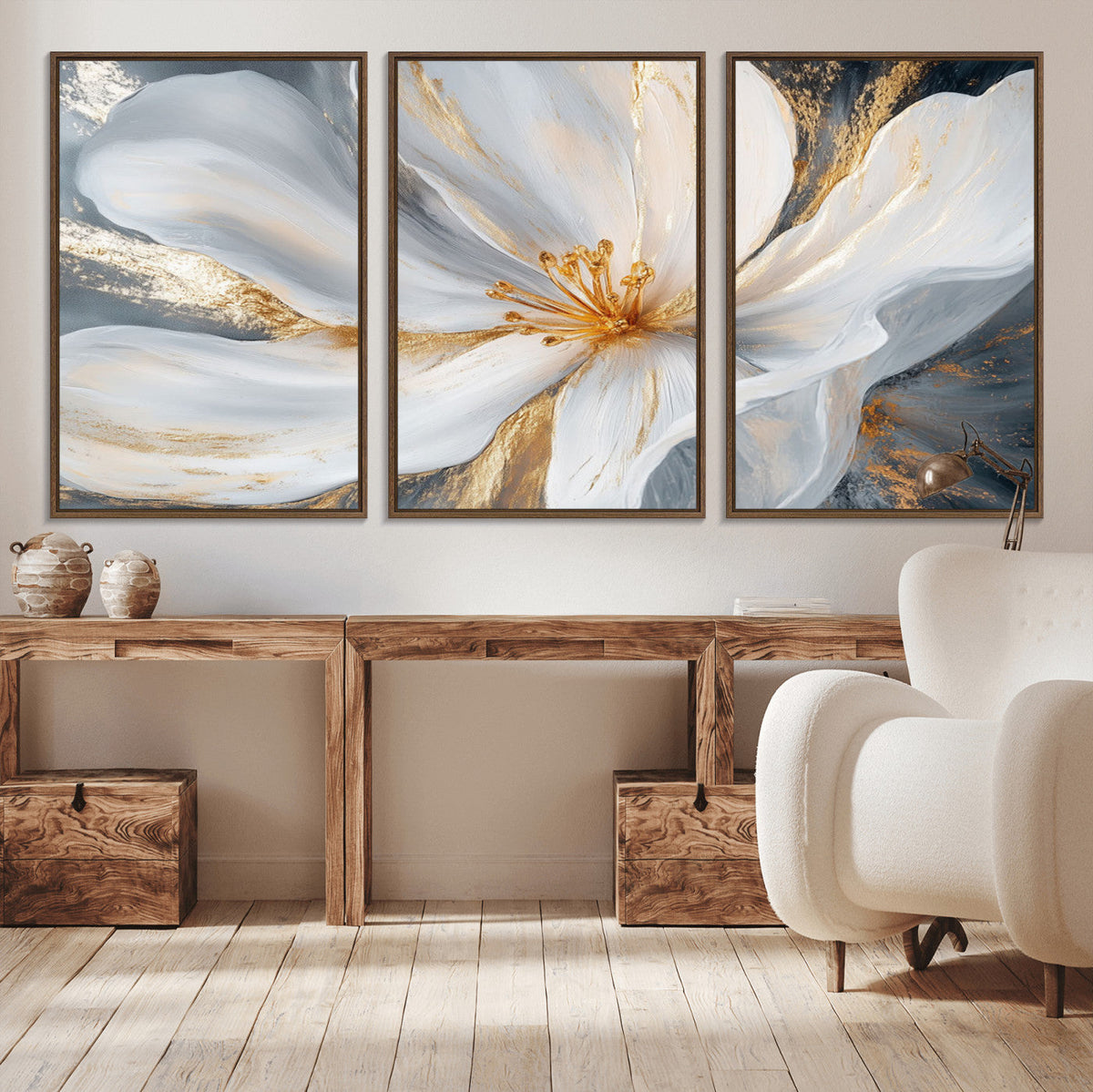 White and Gold Floral Canvas Wall Art - Framed and Ready to