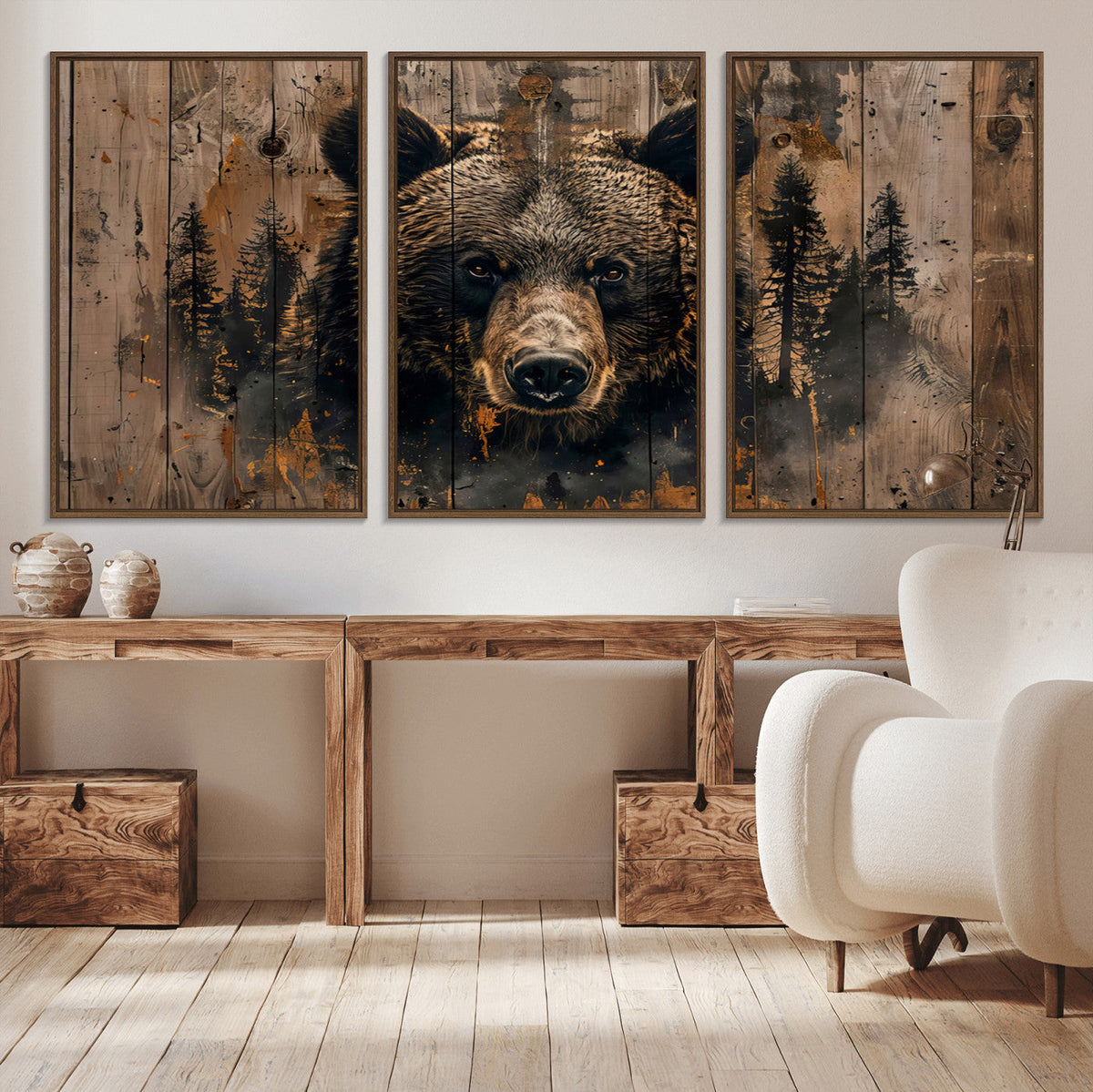 Rustic Grizzly 399 Wall Art | Triptych Canvas Print | Rustic