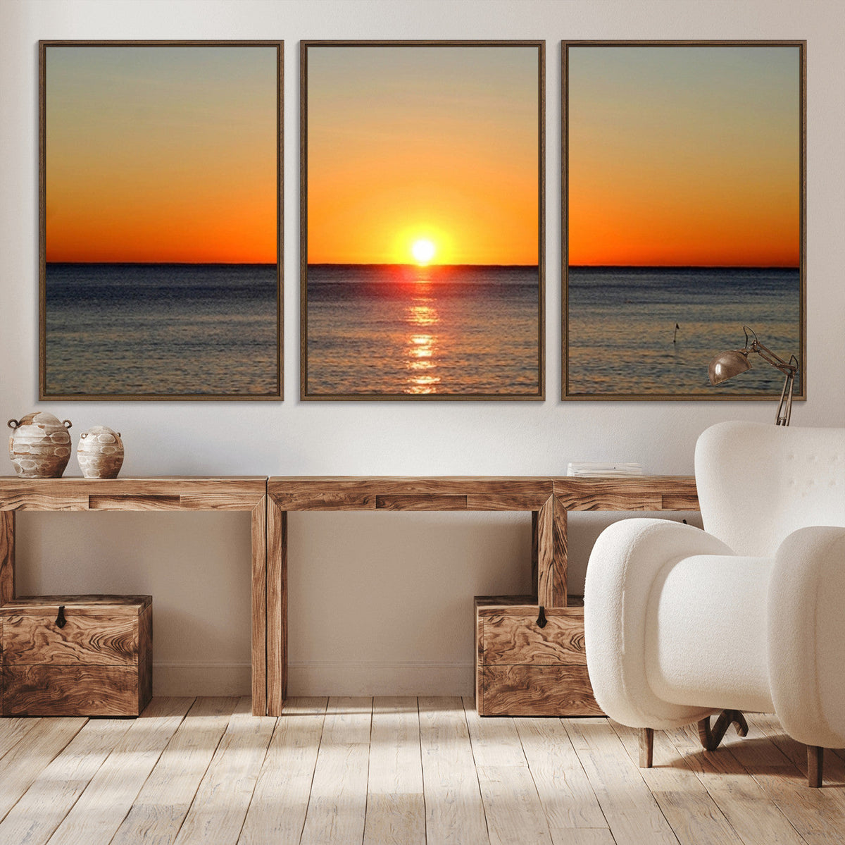 Golden Horizon Sunset Over Ocean Wall Art Canvas Print –