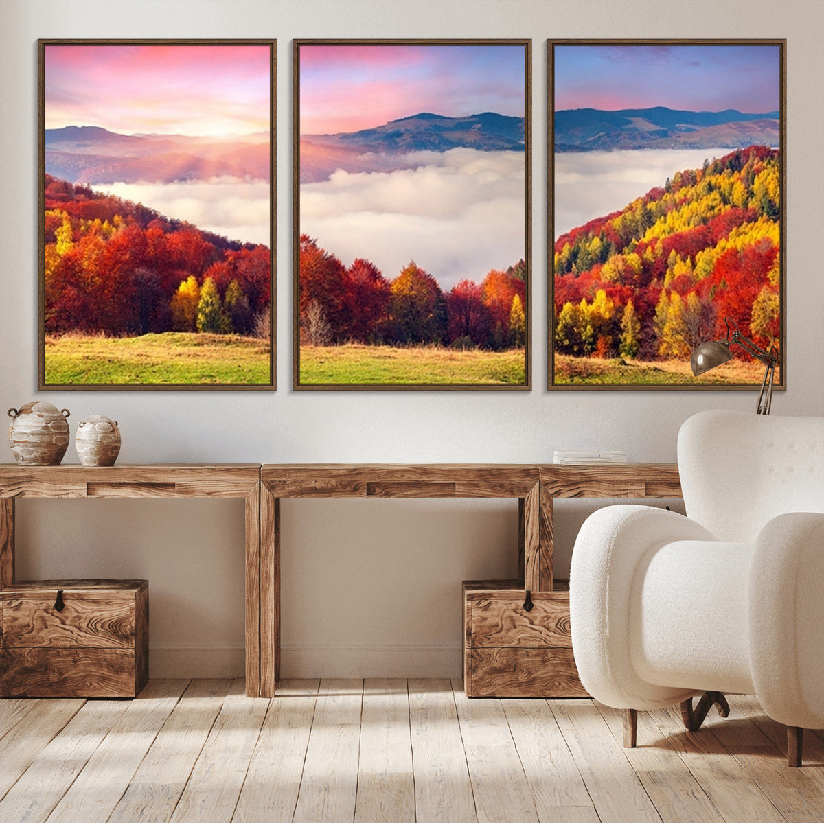 Autumn Mountain Foggy Landscape Wall Art Canvas Print |