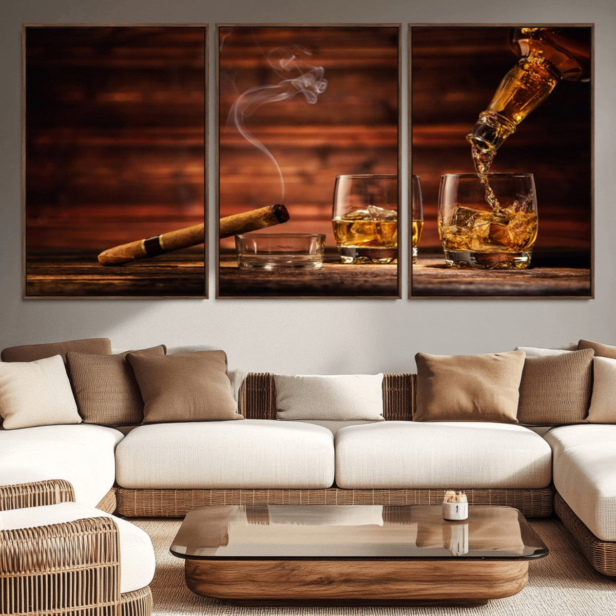 Whiskey and Cigar Wall Art Canvas | 3 Panel Bar Room Decor