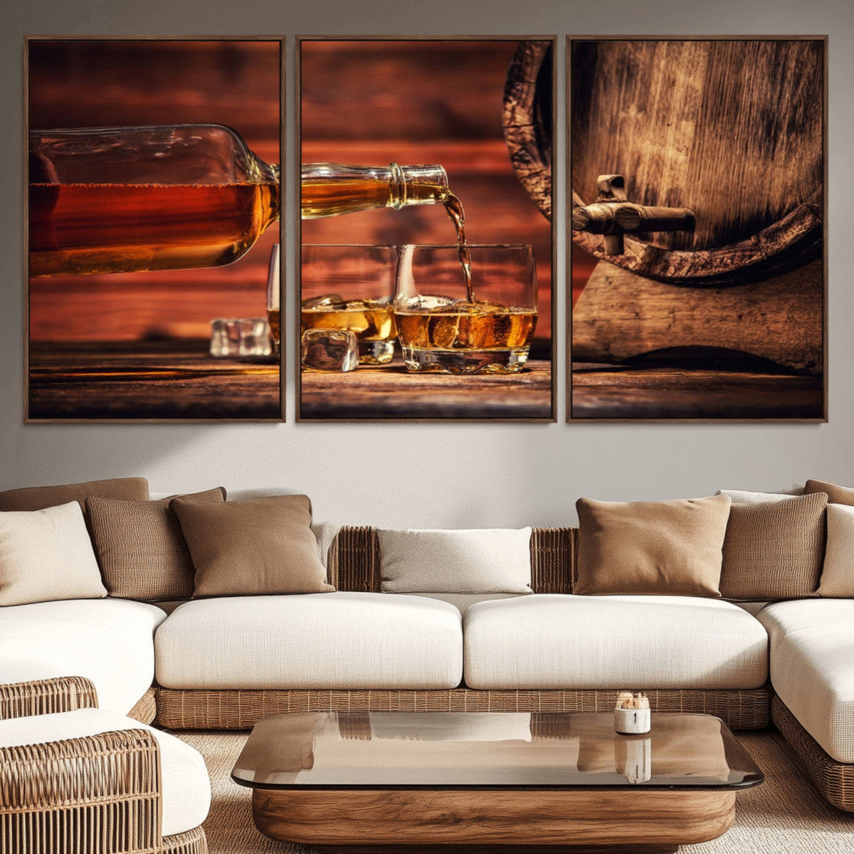 Whiskey and Cigar Canvas Wall Art | 3 Panel Bar Room Decor