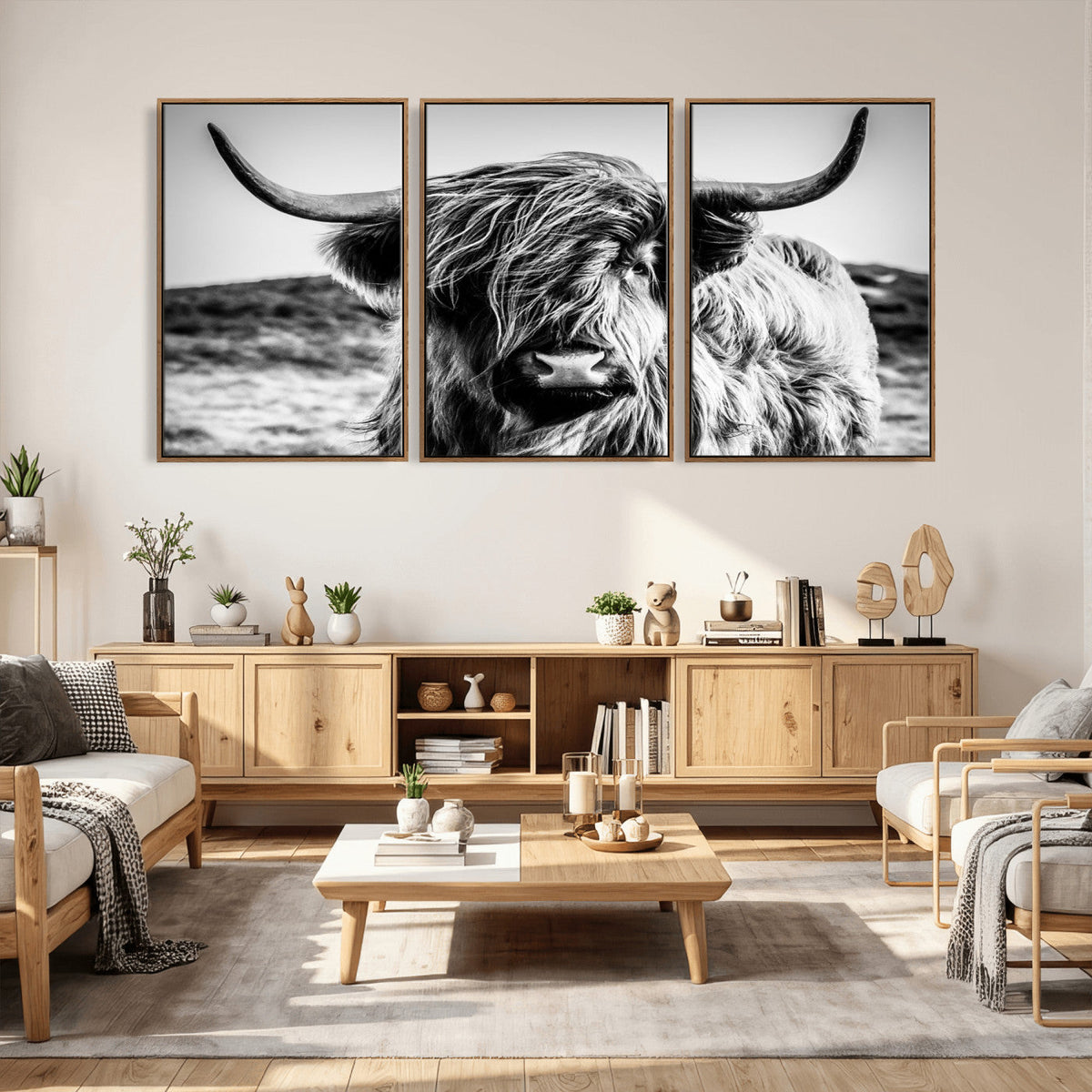 Black and White Scottish Cow Canvas Wall Art Highland Cattle