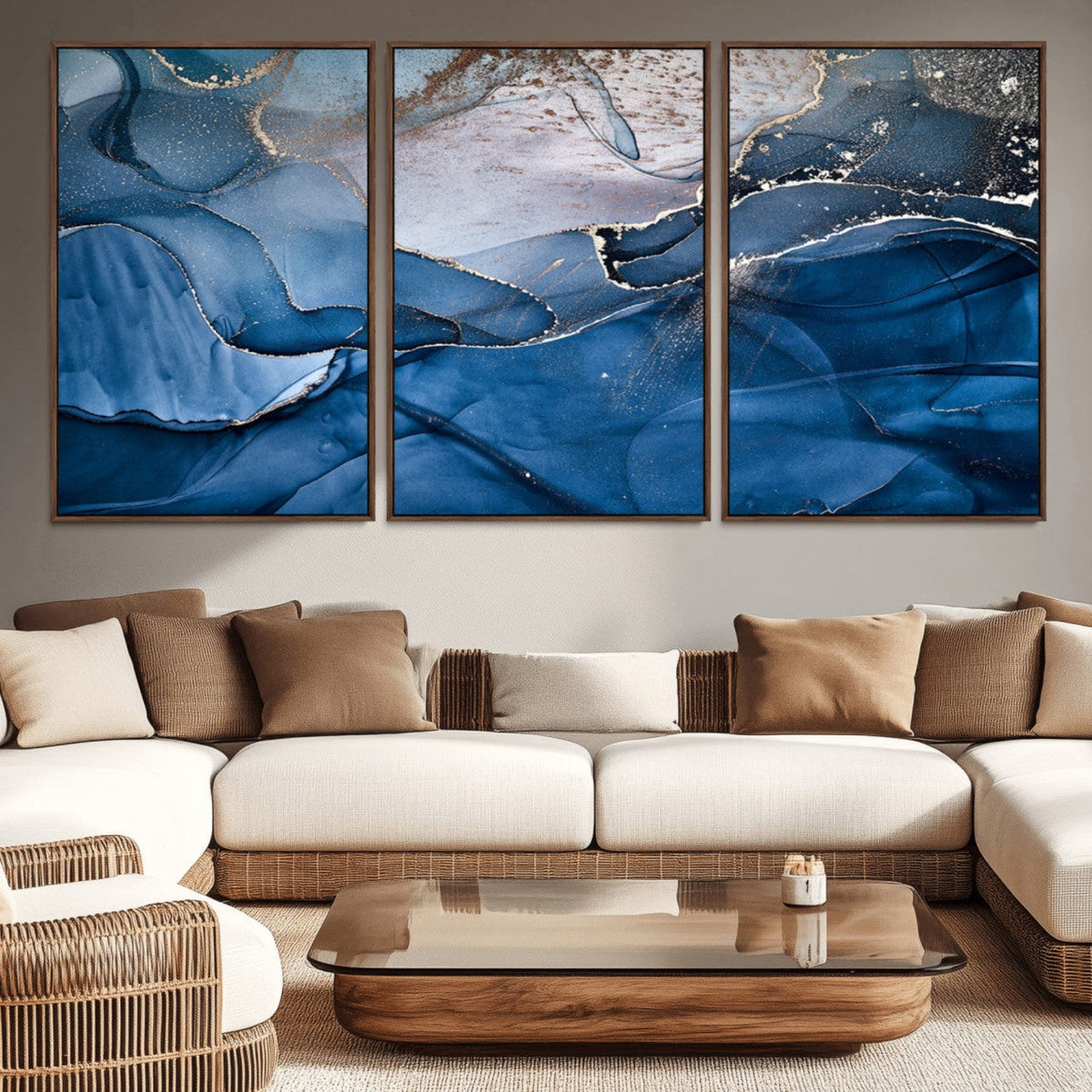 Navy Blue Canvas Art Abstract Print – Elegant Triptych