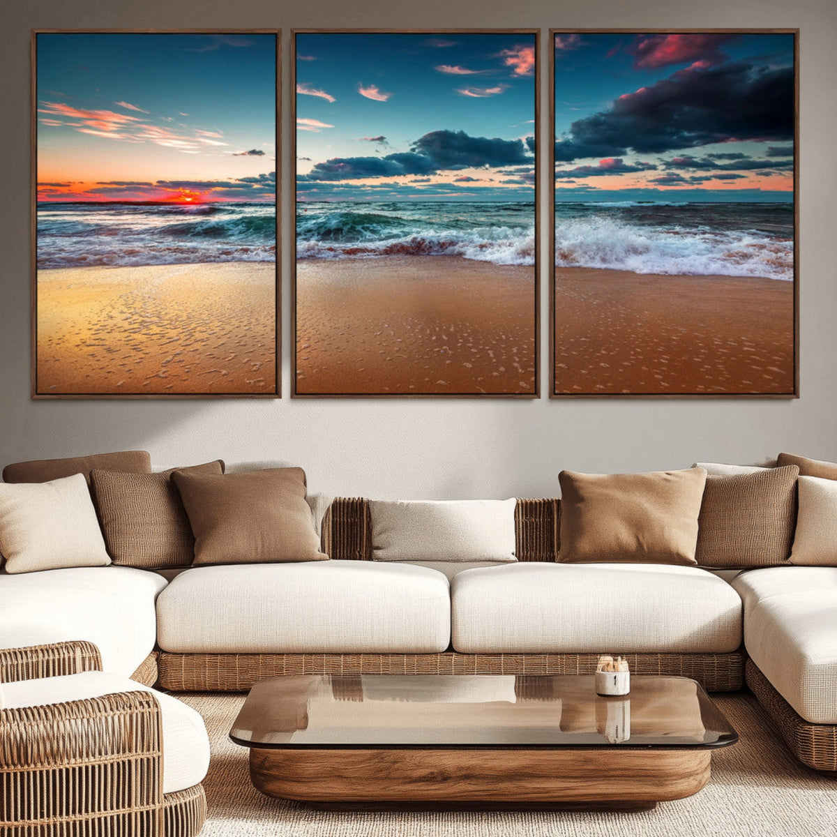 Sunset on Beach Wall Art Ocean Beach Canvas Print