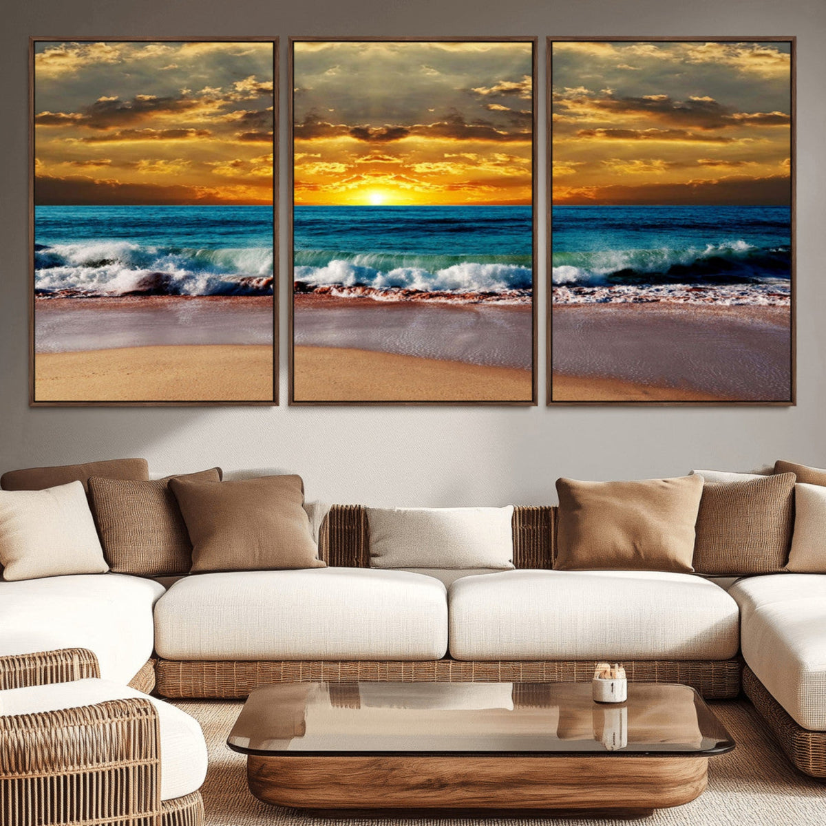 Ocean Sunrise Over Golden Beach Waves, Giclee Canvas Wall