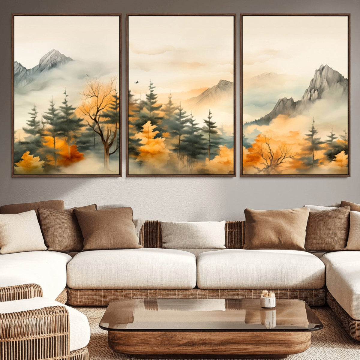 Abstract Watercolor Mountains and Trees Autumn Art,