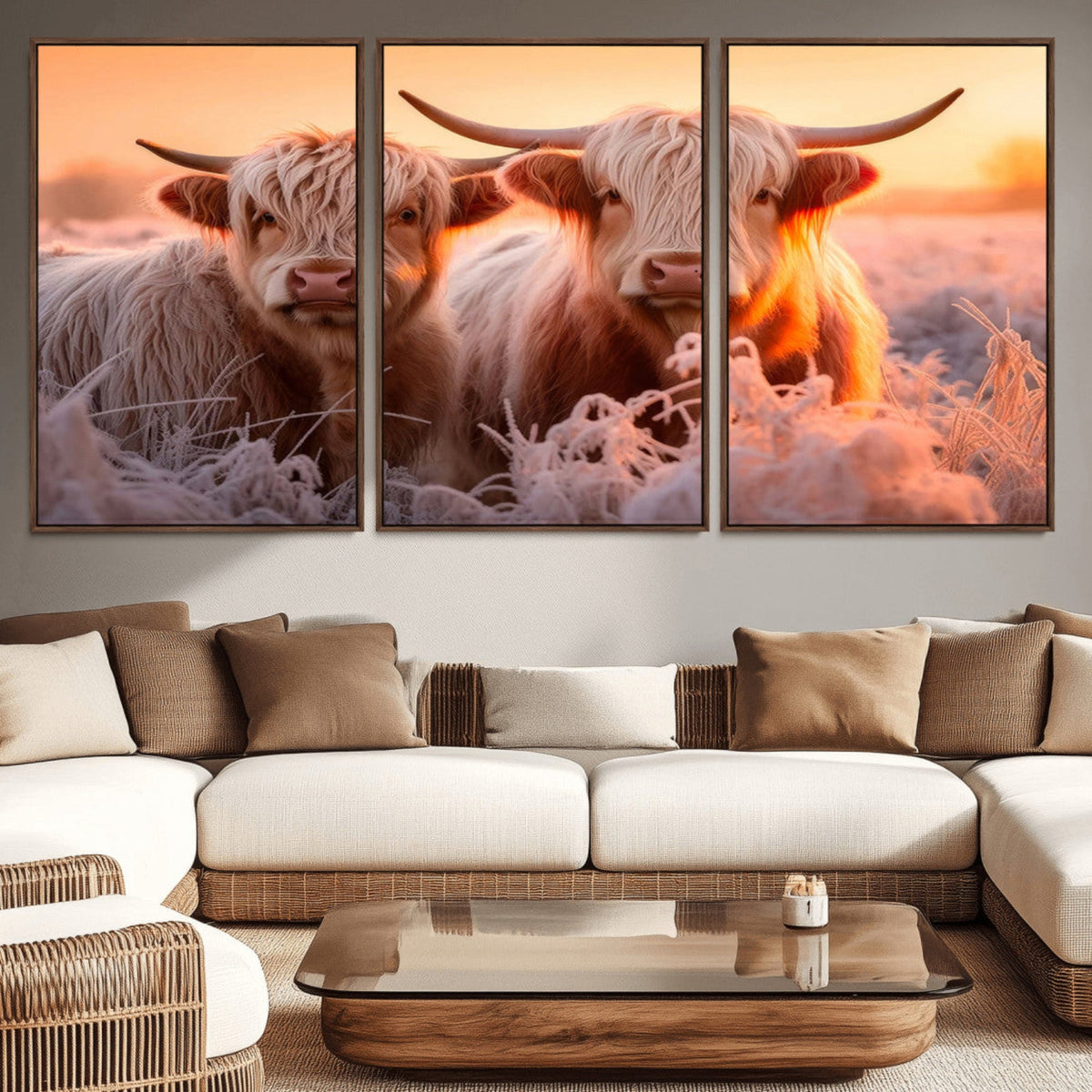 Highland Cows at Sunrise Wall Art Canvas Set – Serene and