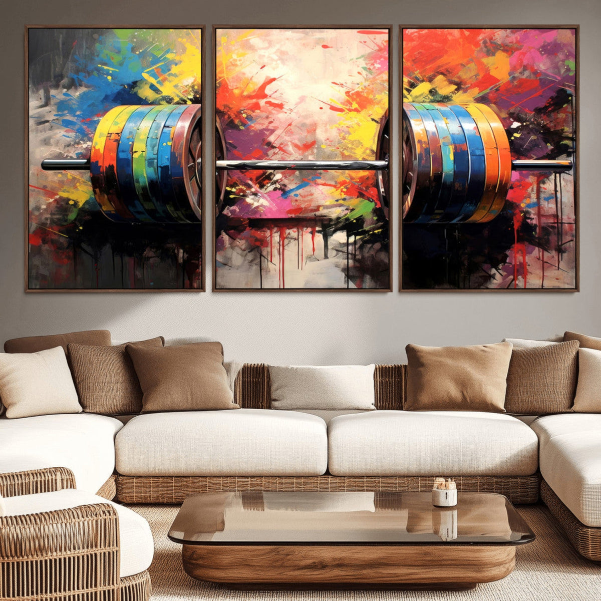 Weightlifting Barbell Art Triptych, Bold Abstract Fitness