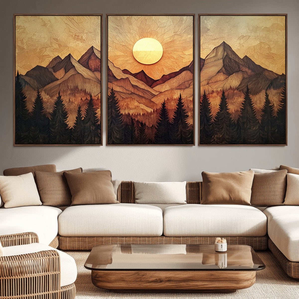 Wood Style Abstract Mountain Sunset Canvas Wall Art Print -