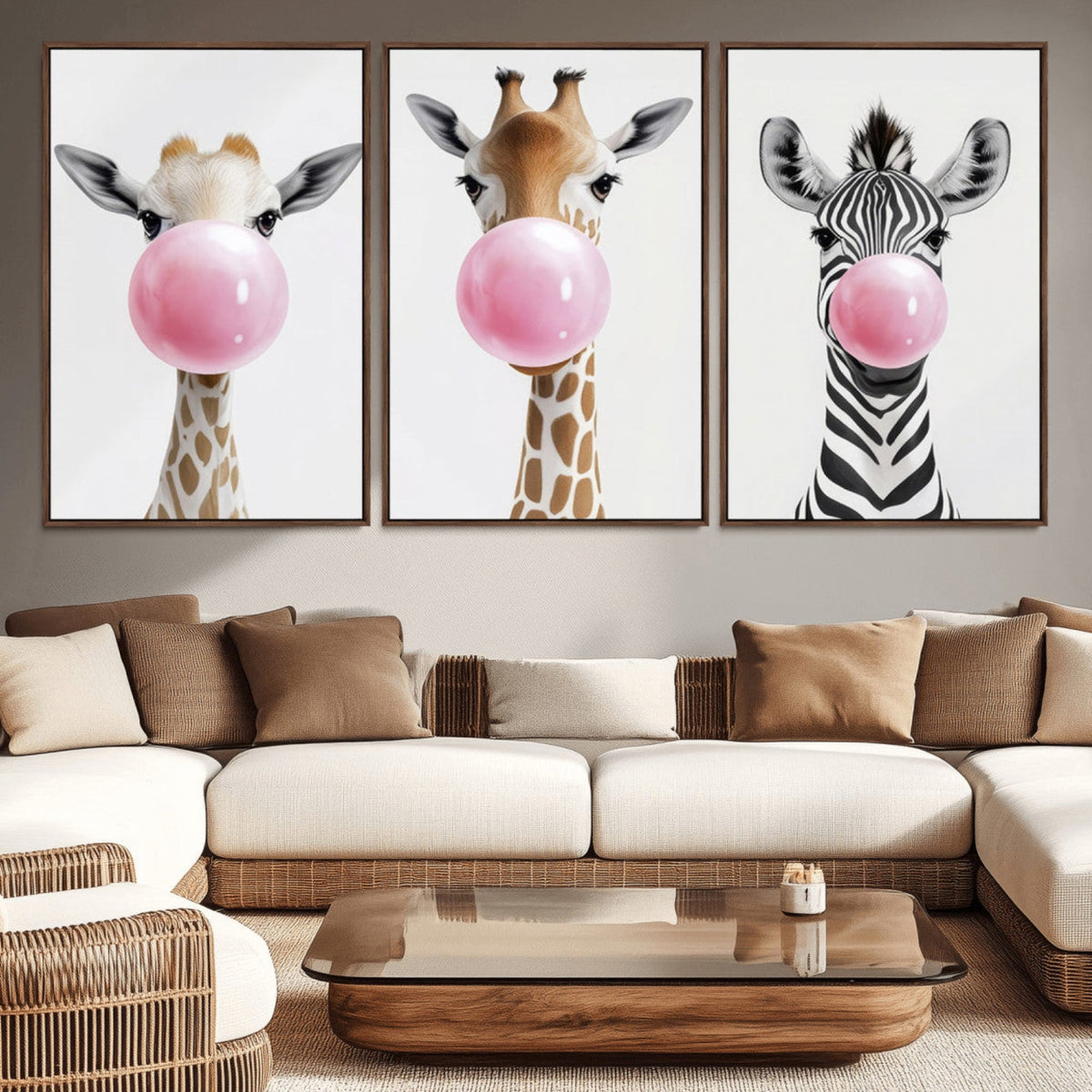 Bubblegum Animals Canvas Wall Art - Playful Giraffe and