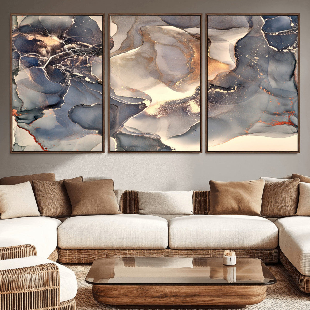 Abstract Blue and Gold Wall Art - Fluid Ink Artwork - Modern