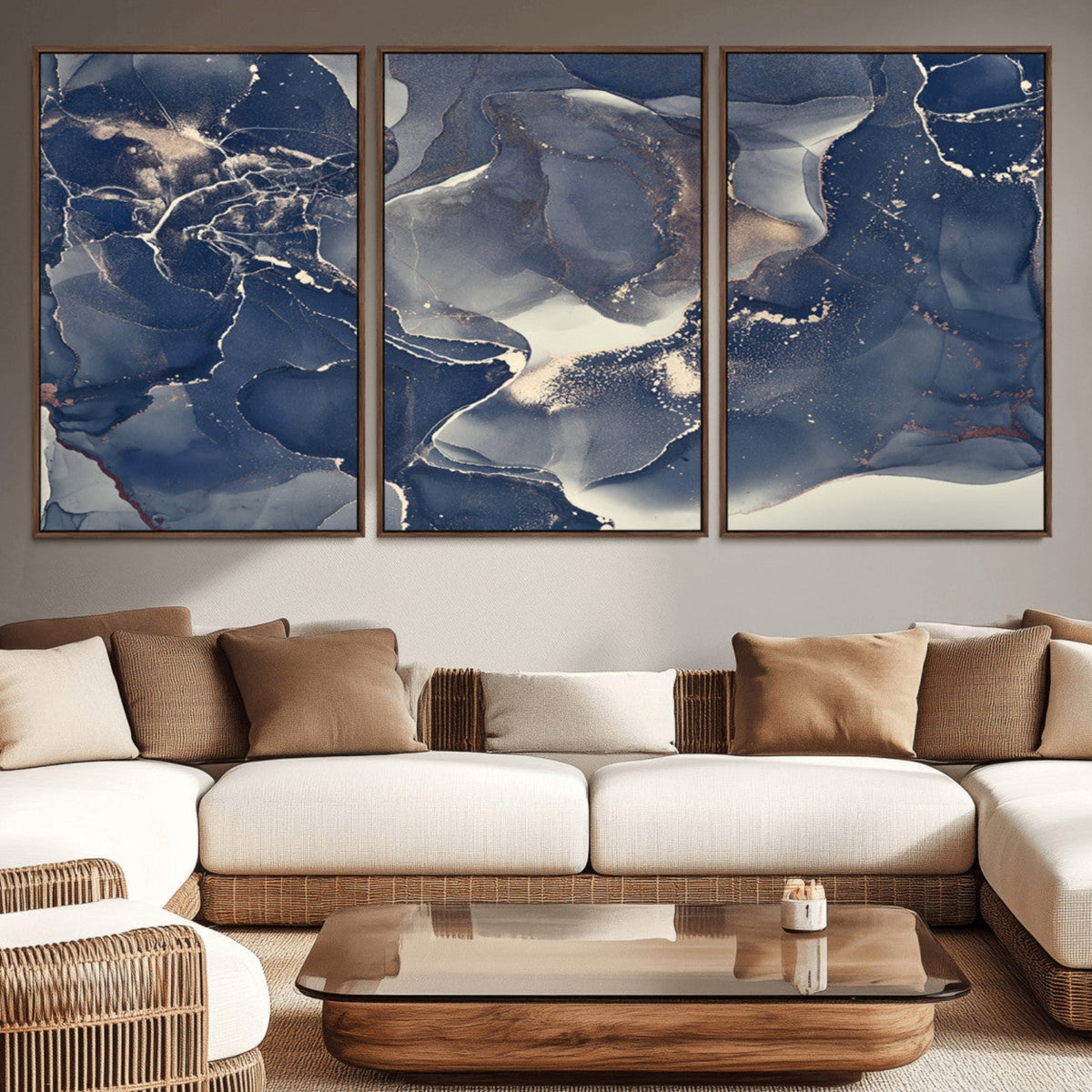 Large Abstract Blue and Gold Canvas Wall Art Fluid Ink